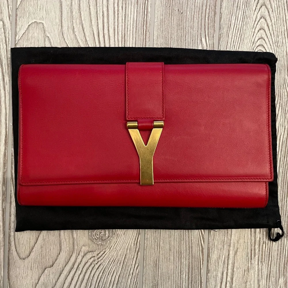SAINT LAURENT Calfskin Classic Y Ligne Clutch Rouge Orient - Picture 2 of 11